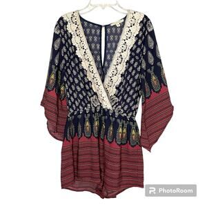 ILLA ILLA Romper Women's Size S Navy Purple Boho Floral Crochet Summer